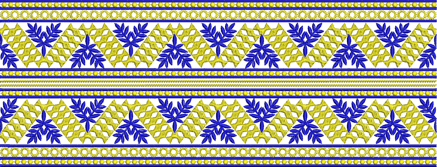 Embroidery design: A horizontal embroidery border design featuring repeating patterns of royal blue leaves and golden yellow diamonds, with