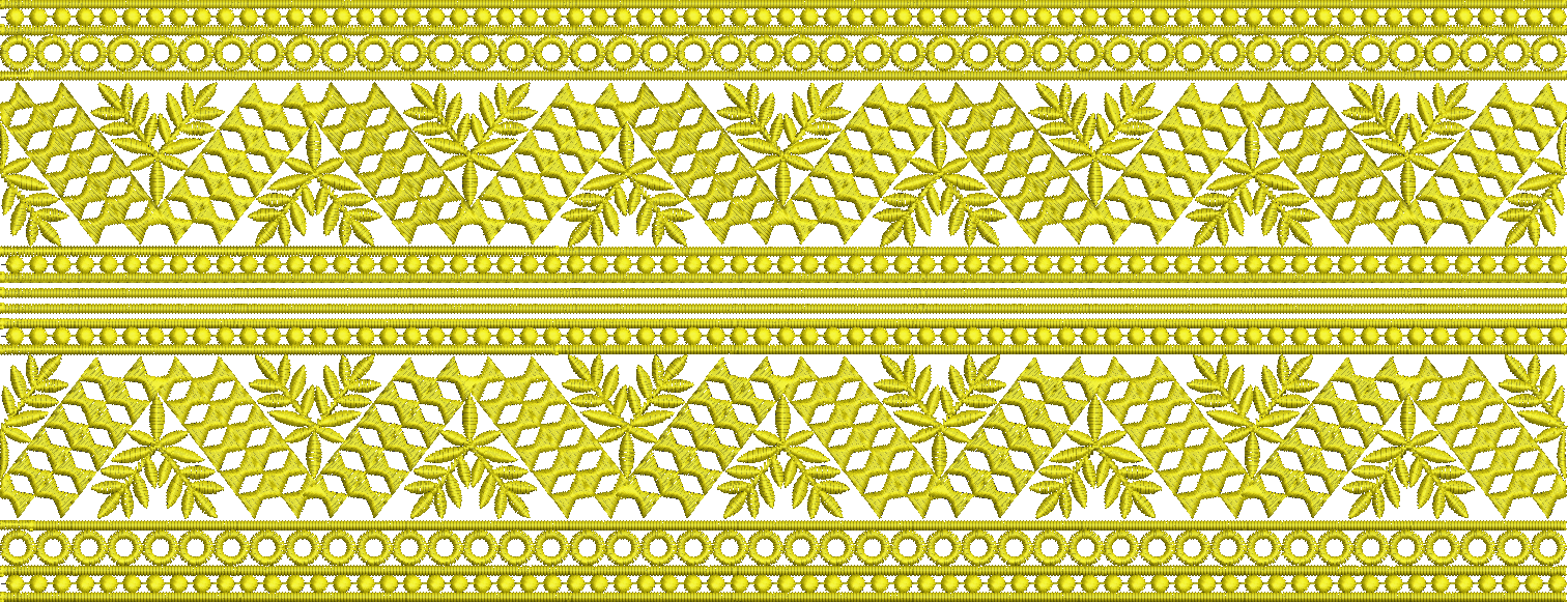 Embroidery design: A repeating decorative border embroidery design featuring yellow geometric and floral motifs with symmetrical leaf and f