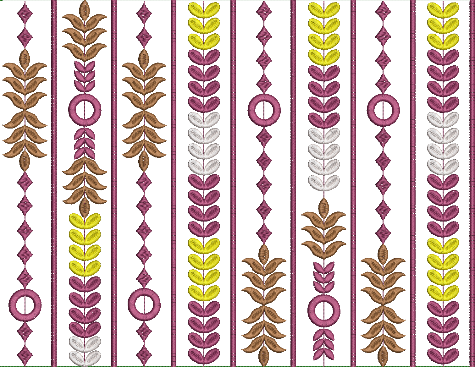 Embroidery design: A series of vertical embroidery panels featuring repeating motifs of stylized leaves, diamonds, and circular shapes in b