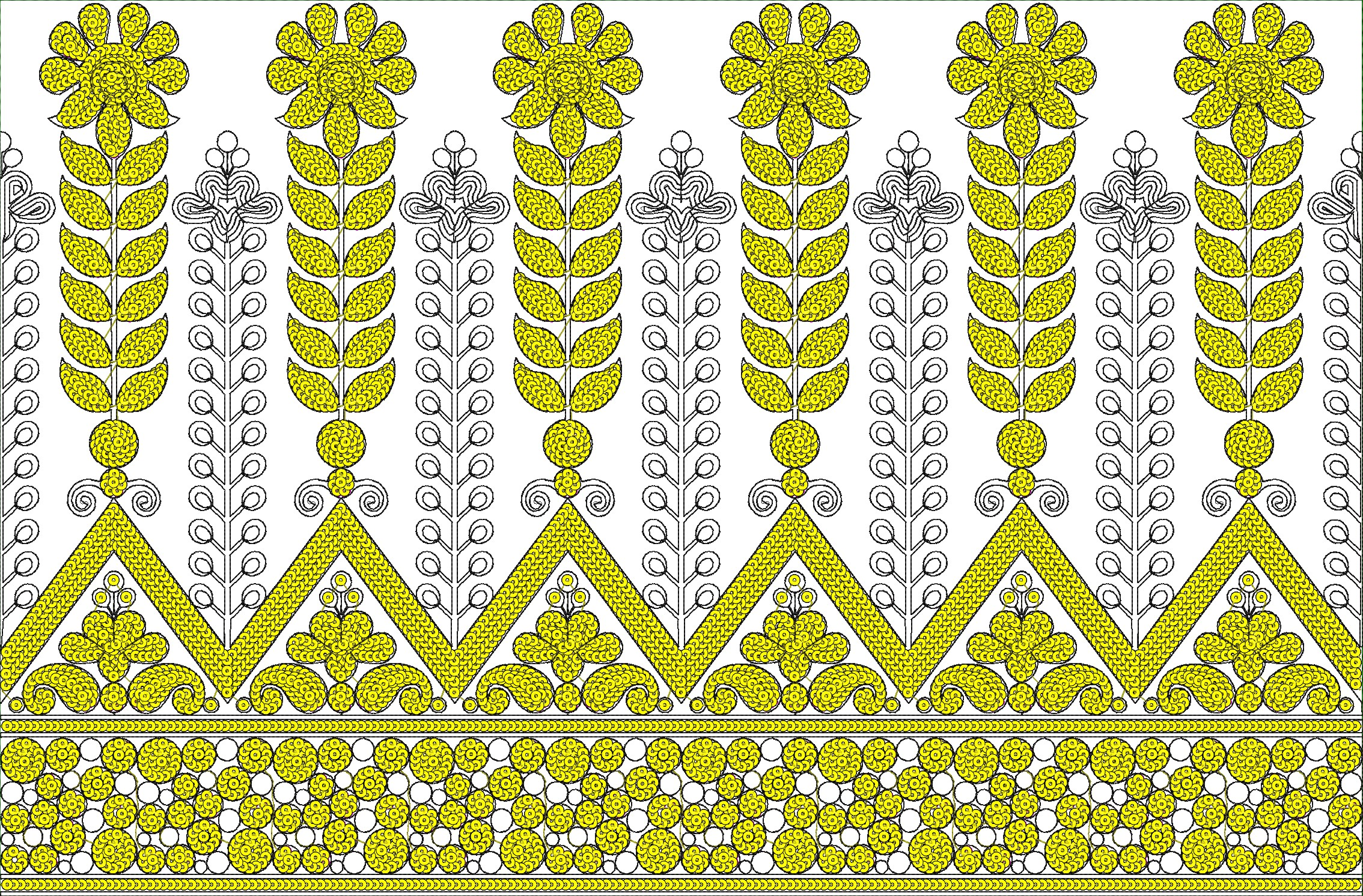 Embroidery design: A repeating decorative border design featuring yellow floral and leaf motifs with geometric elements. The design is symm