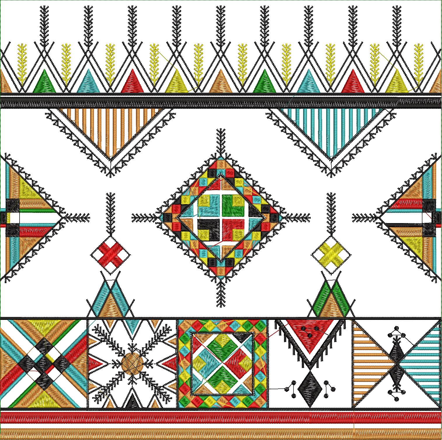 Embroidery design: An embroidery design featuring a repeating geometric pattern with traditional ethnic motifs. The design incorporates dia