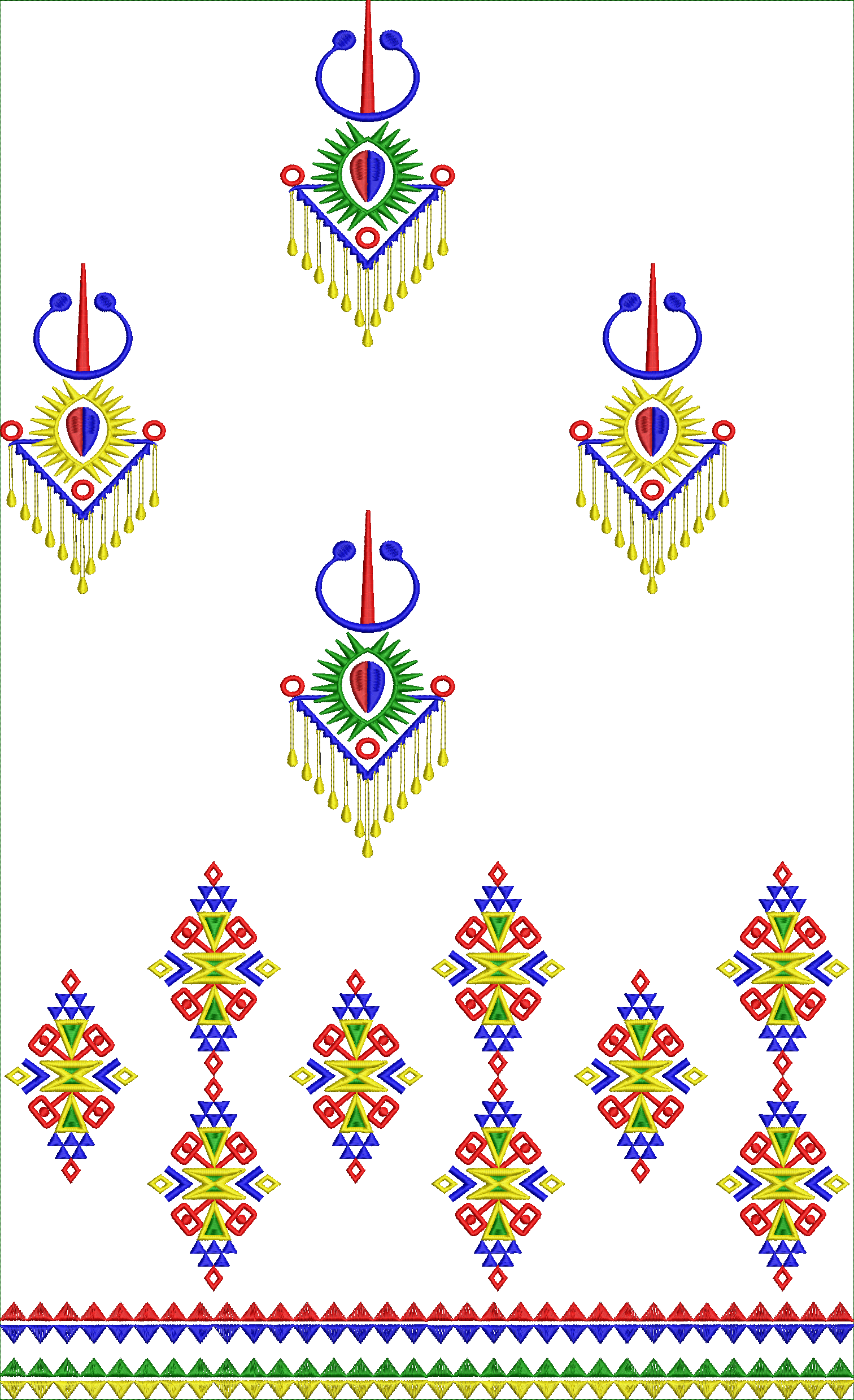Embroidery design: An ornamental and ethnic-style embroidery design featuring symmetrical medallion motifs and a repeating geometric diamon
