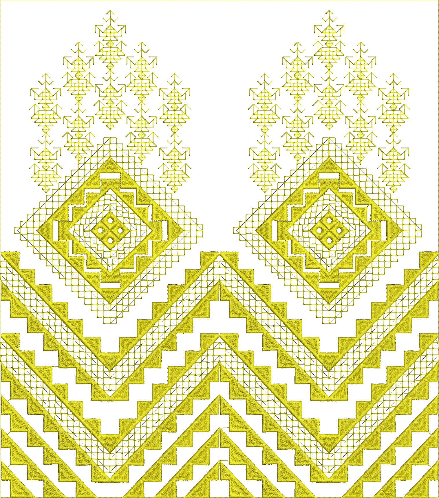 Embroidery design: A yellow, repeating geometric embroidery design featuring layered diamonds and chevron patterns, suitable for a border o