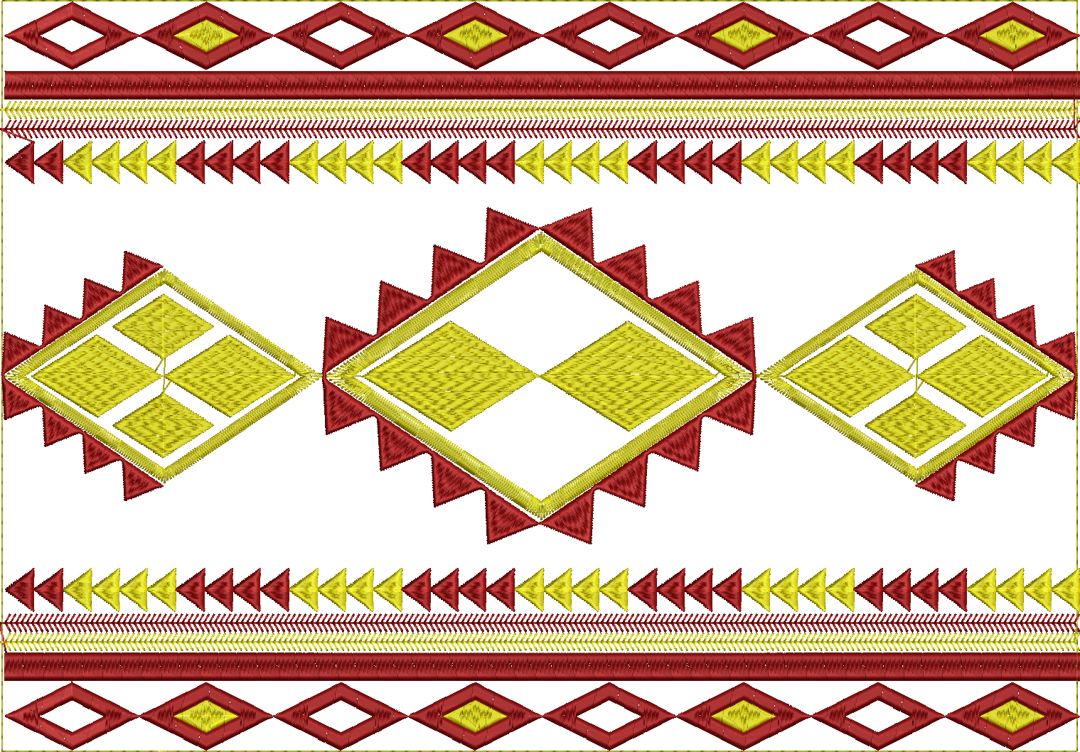 Embroidery design: A decorative border embroidery design featuring repeating geometric patterns of diamonds and triangles in red and yellow