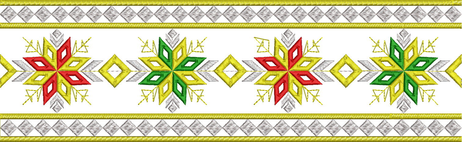 Embroidery design: A repeating decorative border with symmetrical, star-like geometric motifs in red, green, yellow, silver, and gold.