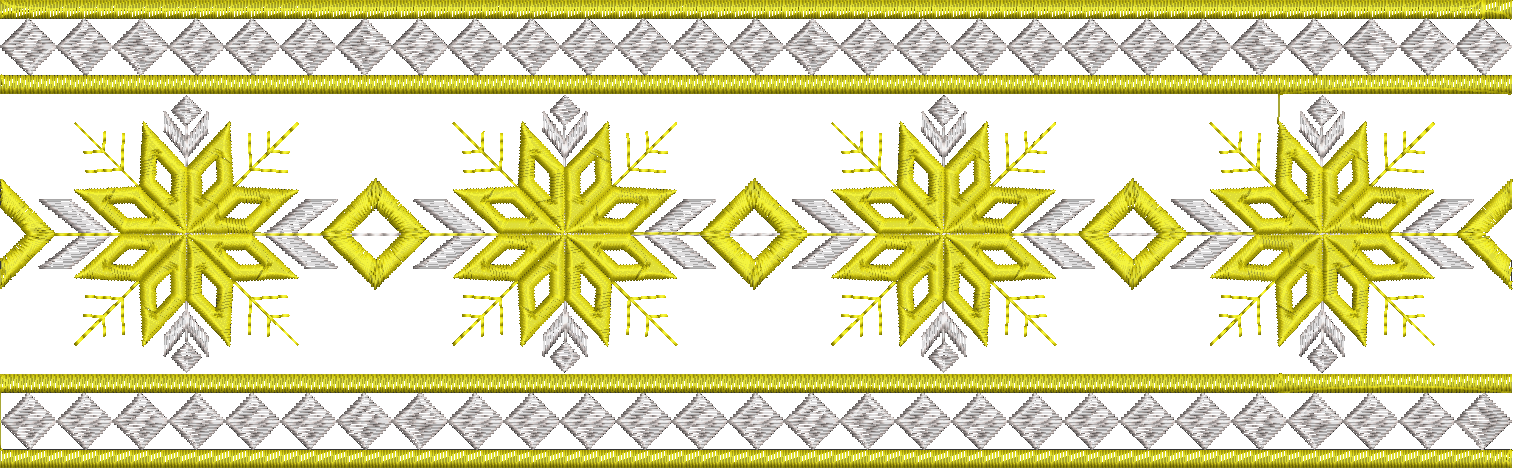 Embroidery design: A decorative, repeating horizontal border design featuring gold and silver geometric snowflakes and diamond shapes with 