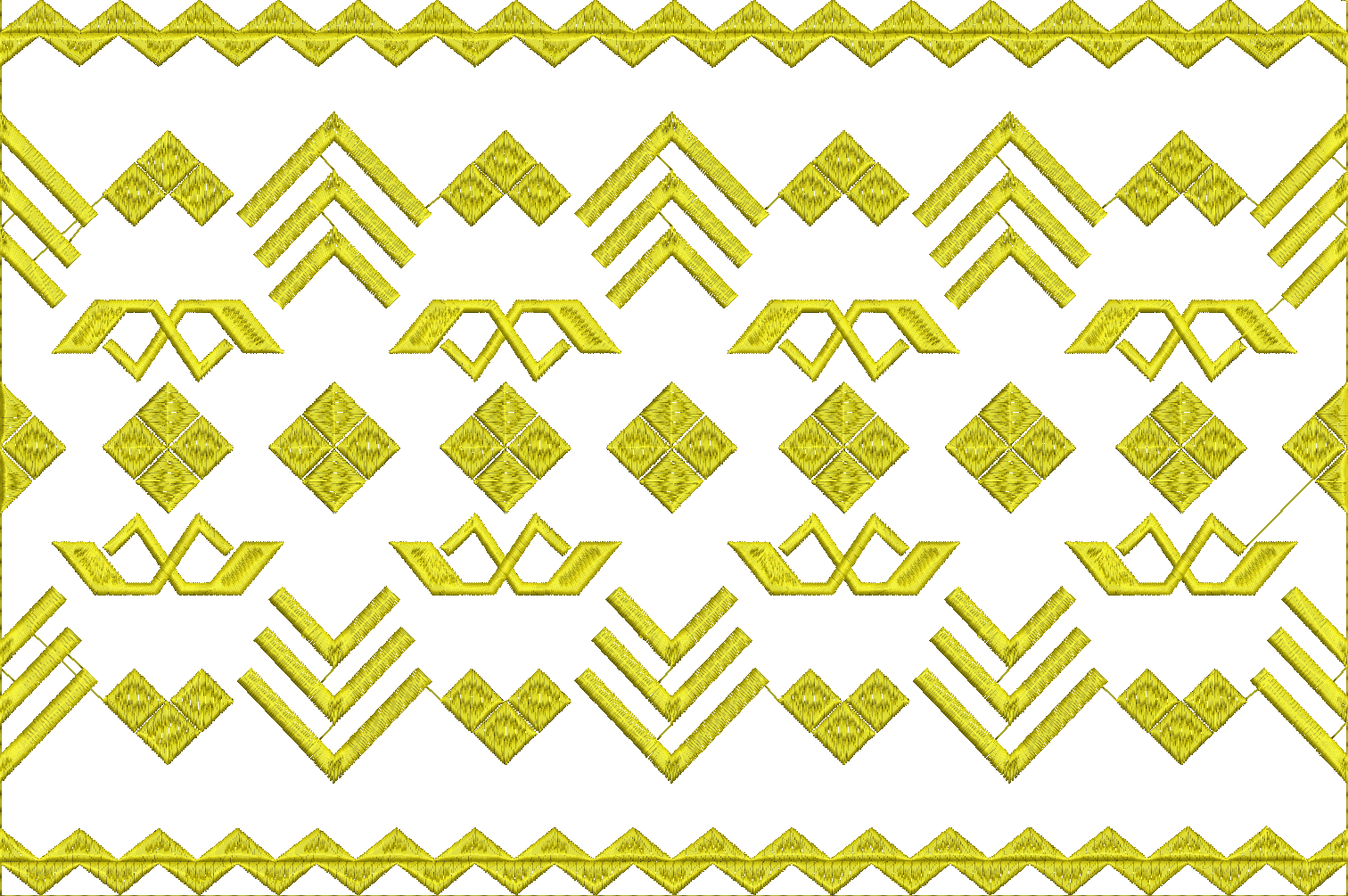 Embroidery design: A repeating geometric embroidery design with yellow thread, featuring sawtooth borders, diamond motifs, and chevron elem