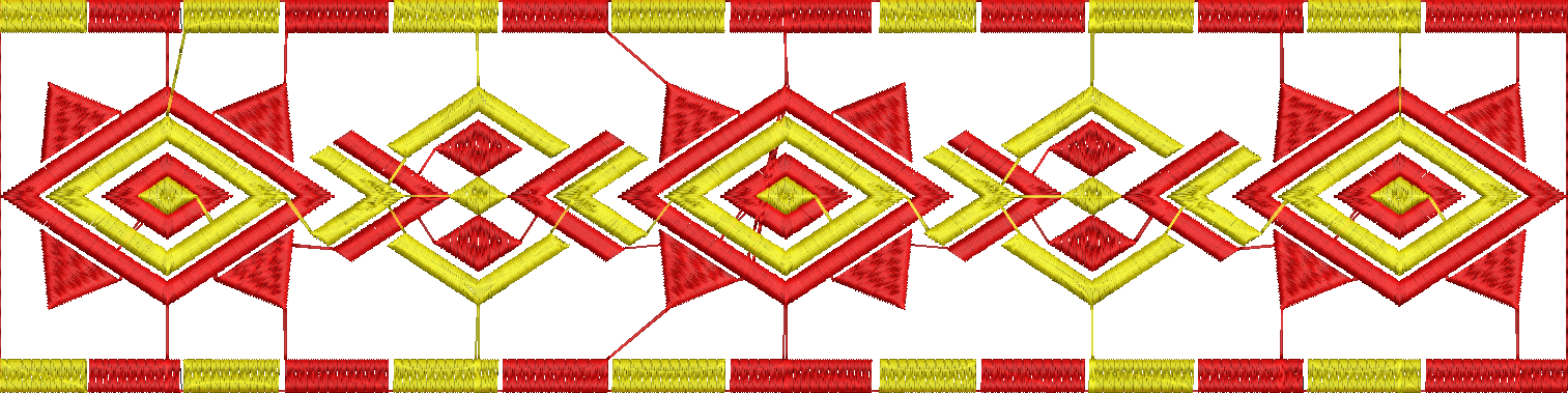 Embroidery design: A repeating decorative border embroidery design with red and yellow geometric patterns, including diamonds and chevrons.