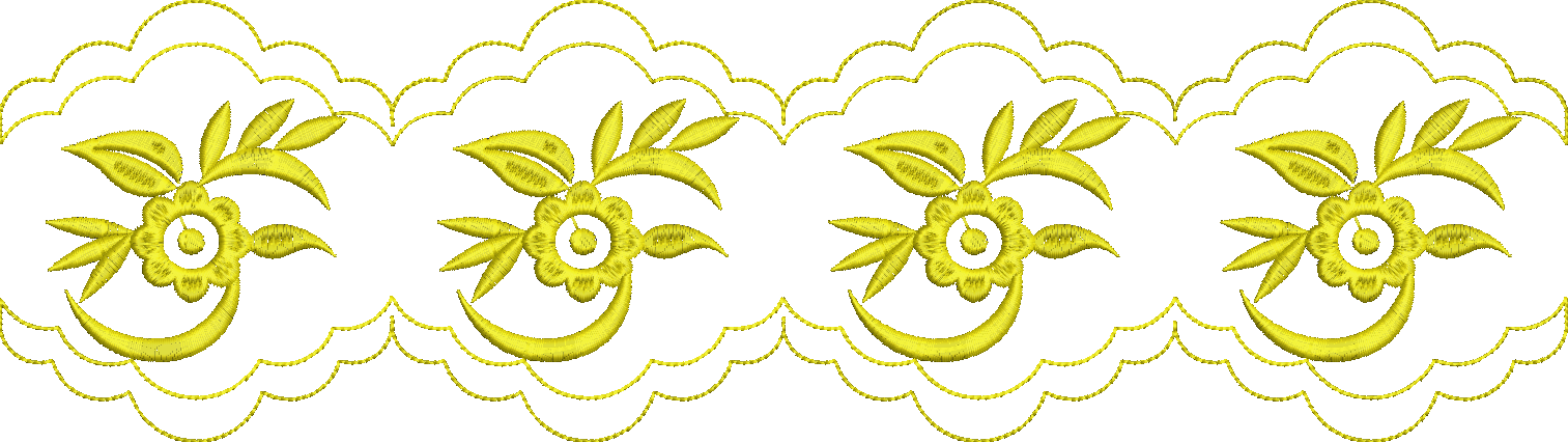 Embroidery design: A repeating border design with yellow floral motifs and a scalloped edge, set against a white background. The pattern is
