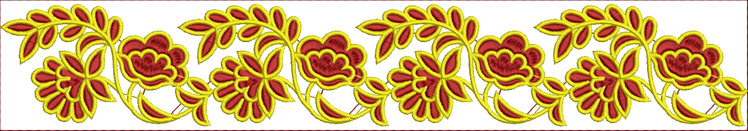 Embroidery design: A decorative border embroidery design with stylized red flowers and yellow leaves in a traditional ornamental style.
