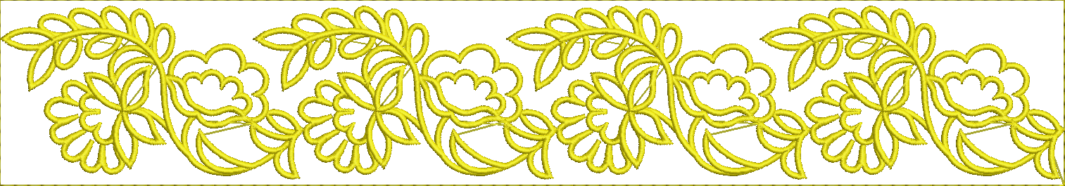 Embroidery design: A yellow embroidery design of a repeating decorative border with intertwining floral and vine elements, featuring leaves