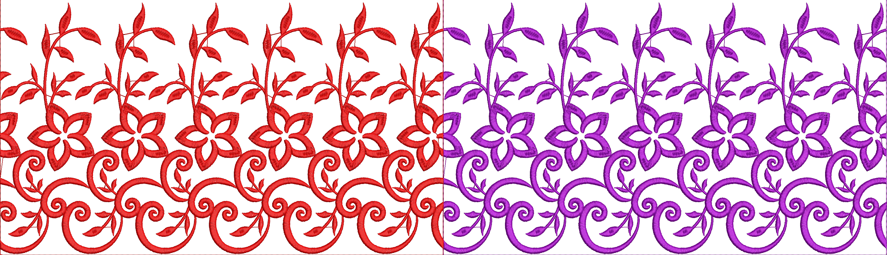 Embroidery design: A repeating, symmetrical, and mirrored border design in red and purple. The design features stylized floral elements wit