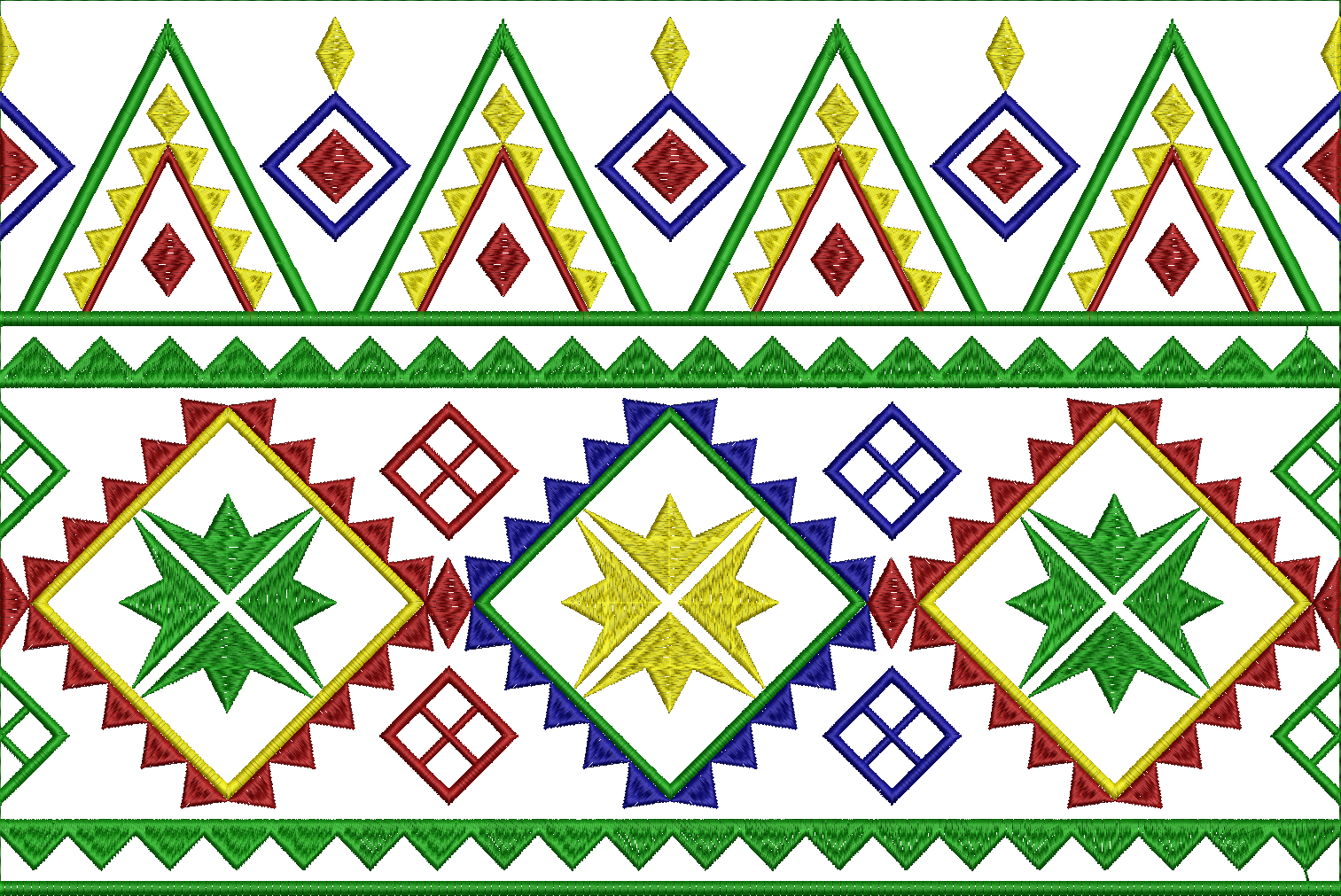 Embroidery design: A repeating geometric border embroidery design with triangles, diamonds, and star motifs in green, red, yellow, and blue