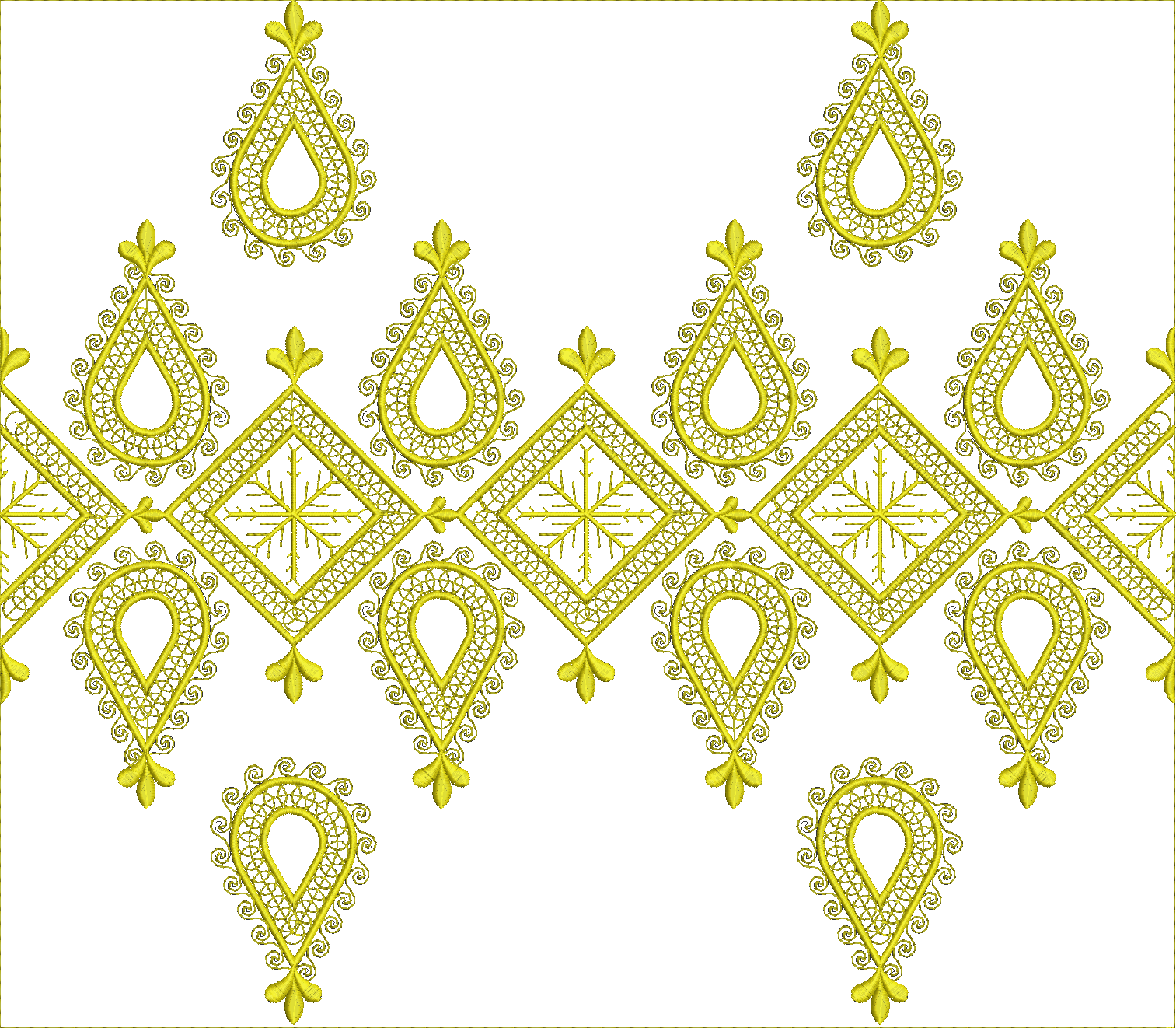 Embroidery design: A decorative yellow embroidery border with repeating ornamental motifs. The design features tear-drop shapes with intric