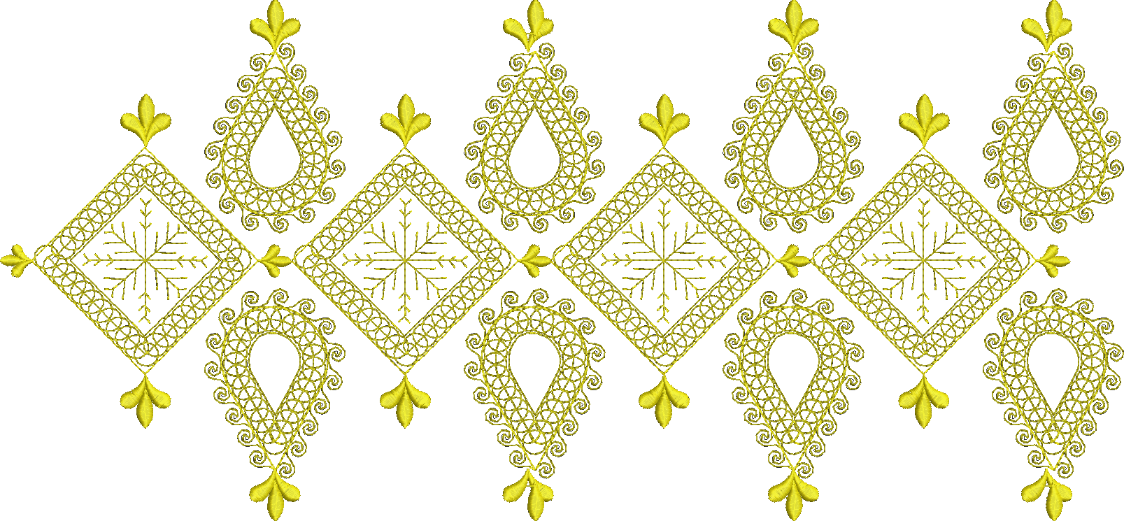 Embroidery design: A yellow embroidery design featuring a repeating, symmetrical border with geometric and ornamental elements resembling l