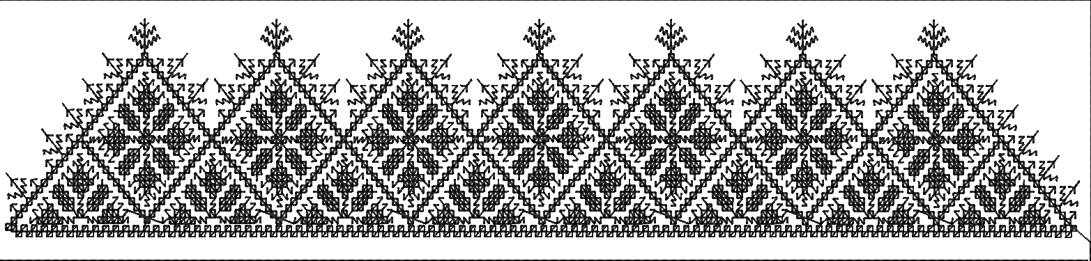 Embroidery design: A black and white embroidery design featuring a repeating geometric border with snowflake-like motifs and a base trim of