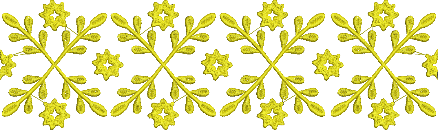 Embroidery design: A repeating, symmetrical yellow embroidery border with stylized floral and leaf motifs in a traditional and ornamental s