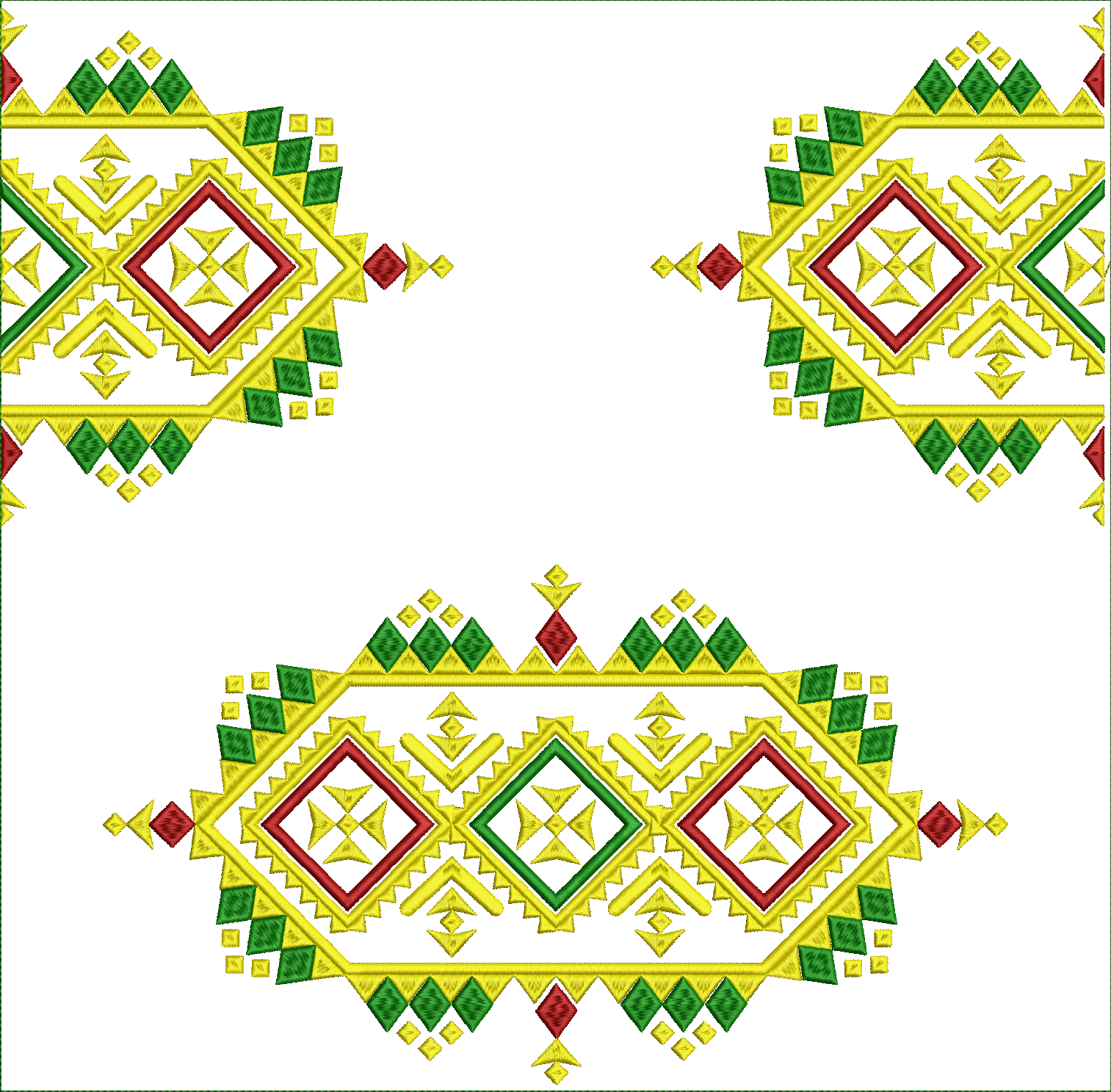 Embroidery design: A symmetrical, ornamental embroidery design with geometric patterns in yellow, red, and green, suitable for use as a bor
