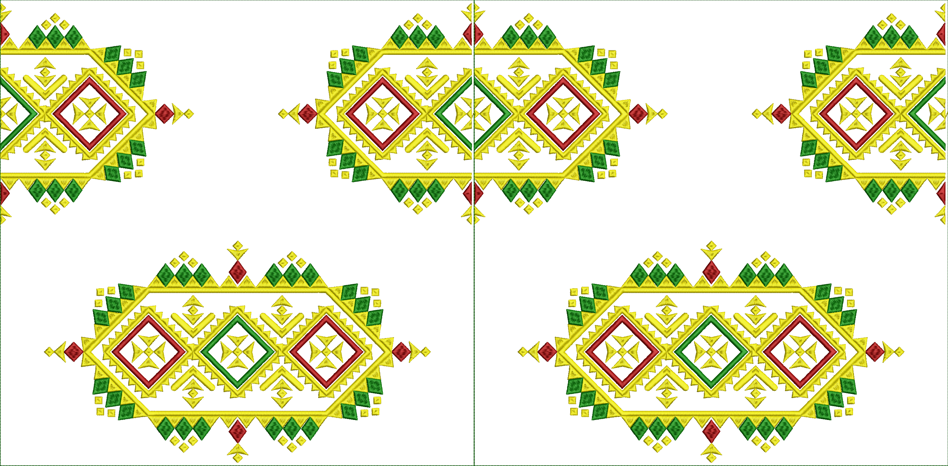 Embroidery design: A traditional ethnic embroidery design featuring repeating symmetrical geometric motifs in red, green, and yellow, suita