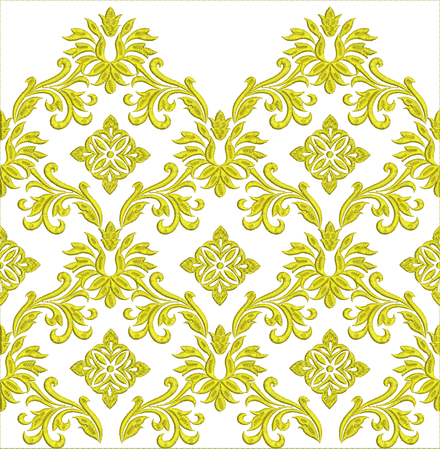 Embroidery design: A repeating, all-over embroidery design with golden yellow thread on a white background. The pattern features stylized f