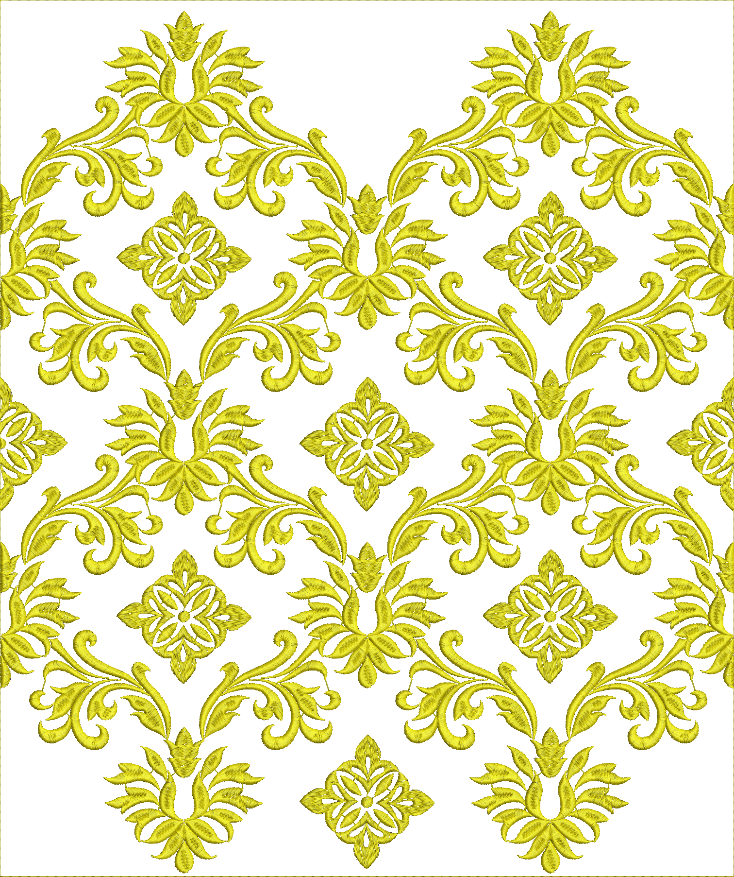 Embroidery design: A repeating, all-over embroidery design in yellow, featuring ornamental floral and foliate elements with scrollwork and 