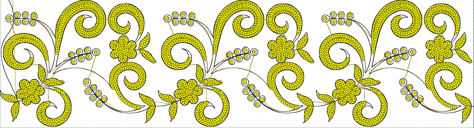 Embroidery design: A repeating decorative border design with yellow floral and scrollwork elements, featuring vines, leaves, and flowers, o