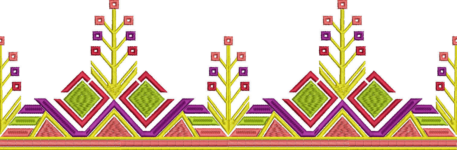 Embroidery design: A repeating geometric border embroidery design with traditional and ethnic influences, featuring symmetrical diamond mot