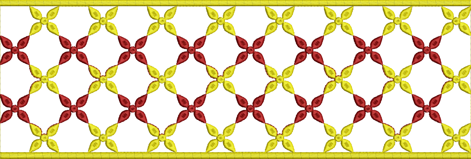 Embroidery design: A decorative border embroidery design with a repeating geometric lattice pattern in red and yellow with gold trim.