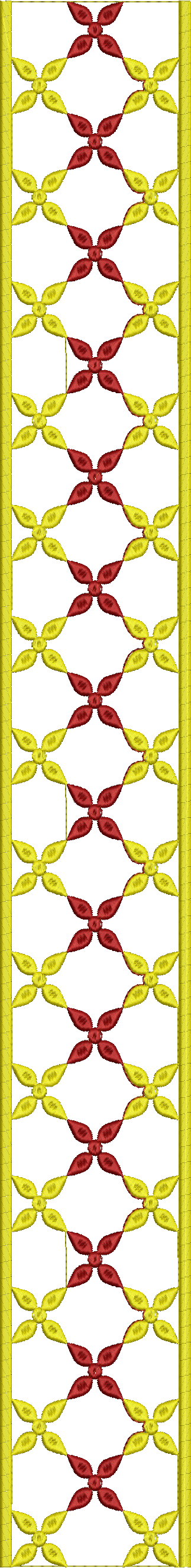 Embroidery design: A vertical embroidery border with a repeating geometric and floral pattern of red and yellow stylized flowers, framed by