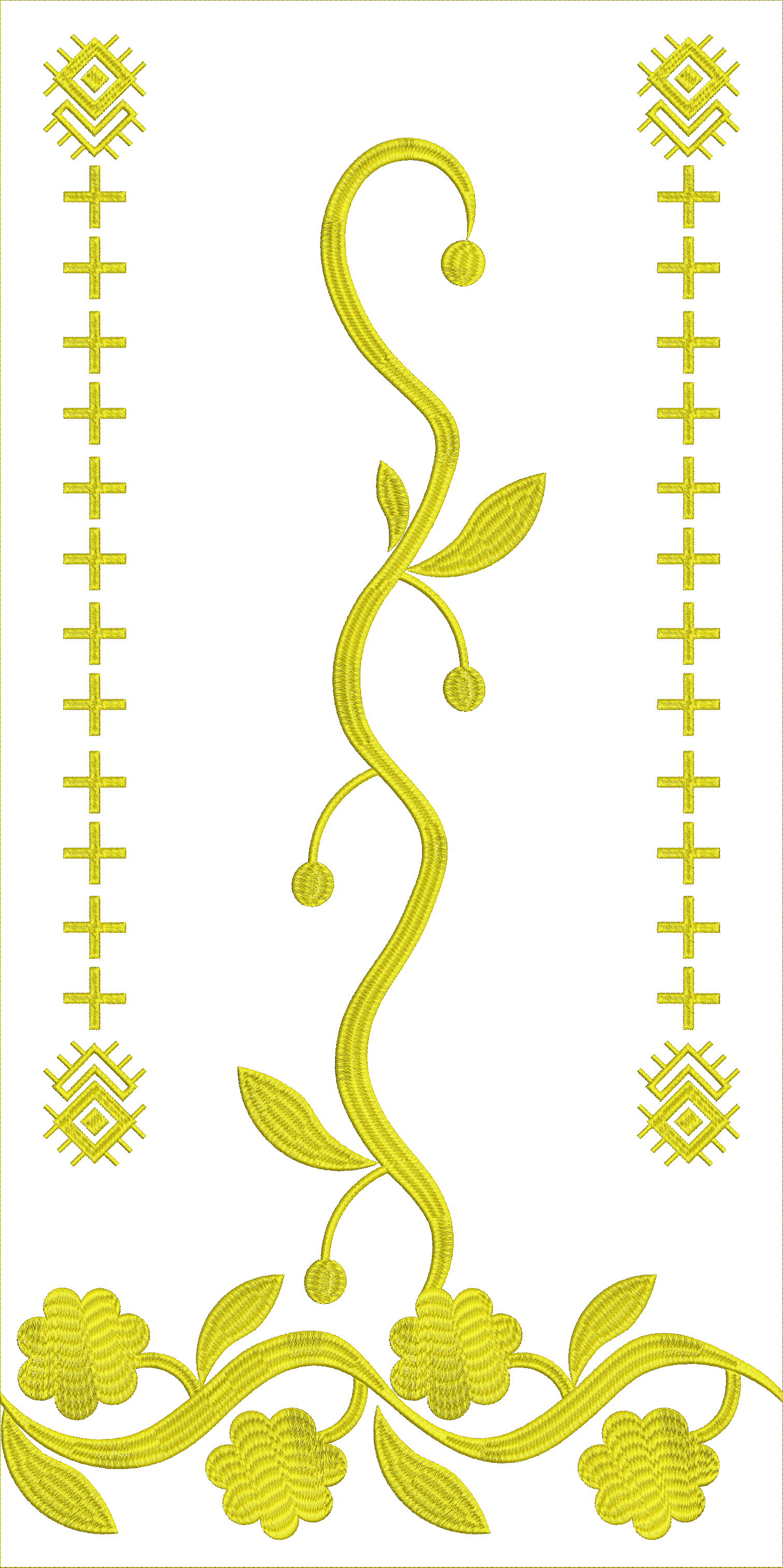 Embroidery design: A symmetrical decorative embroidery design featuring a central gold vine with leaves and flowers, flanked by vertical ge