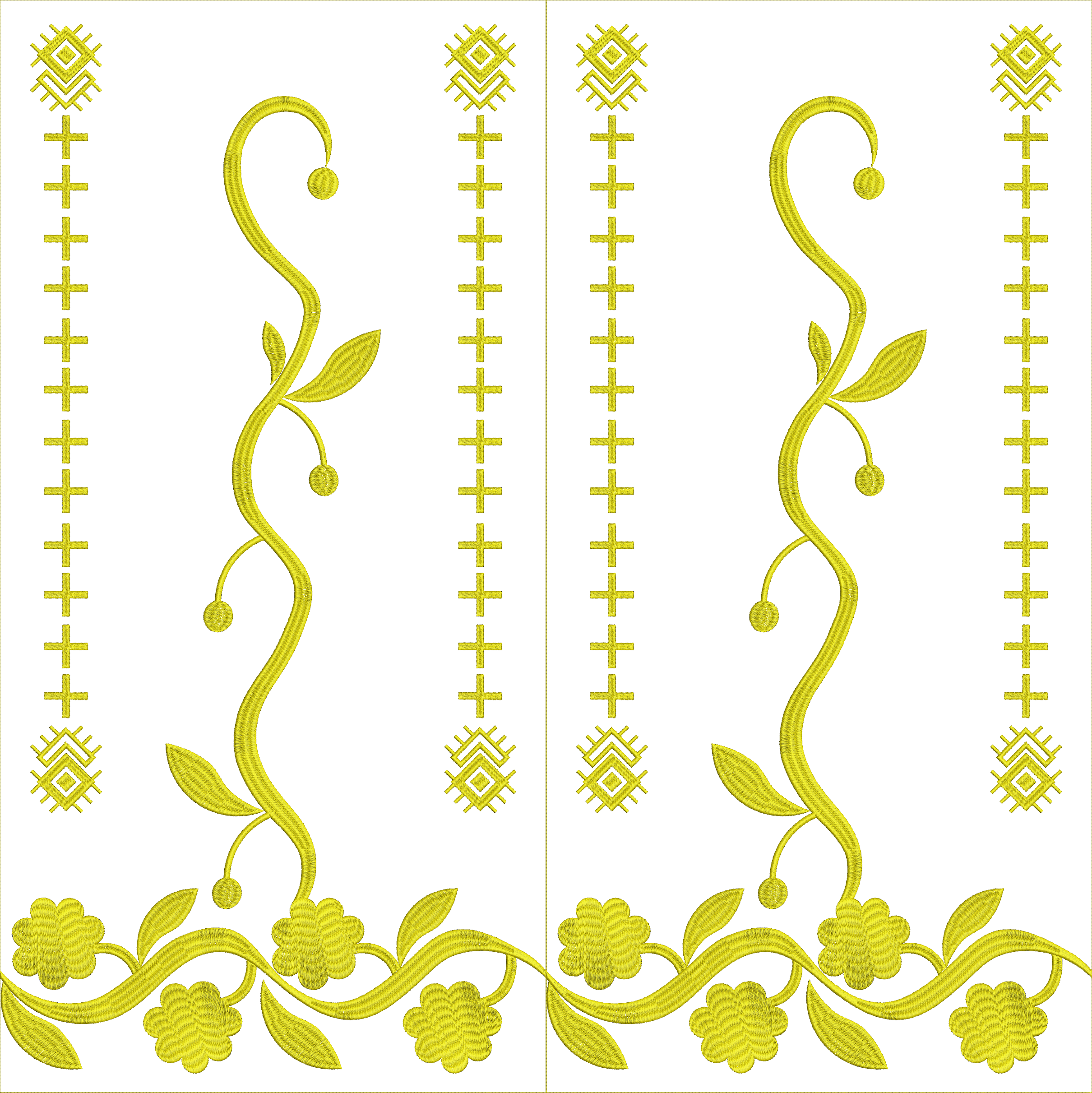 Embroidery design: A symmetrical, repeating golden yellow embroidery design featuring a floral and vine motif, with flowers, leaves, and de