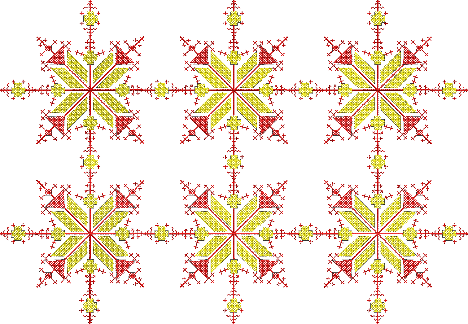 Embroidery design: A repeating pattern of six ornamental motifs with geometric, traditional, and ethnic elements, rendered in red and yello