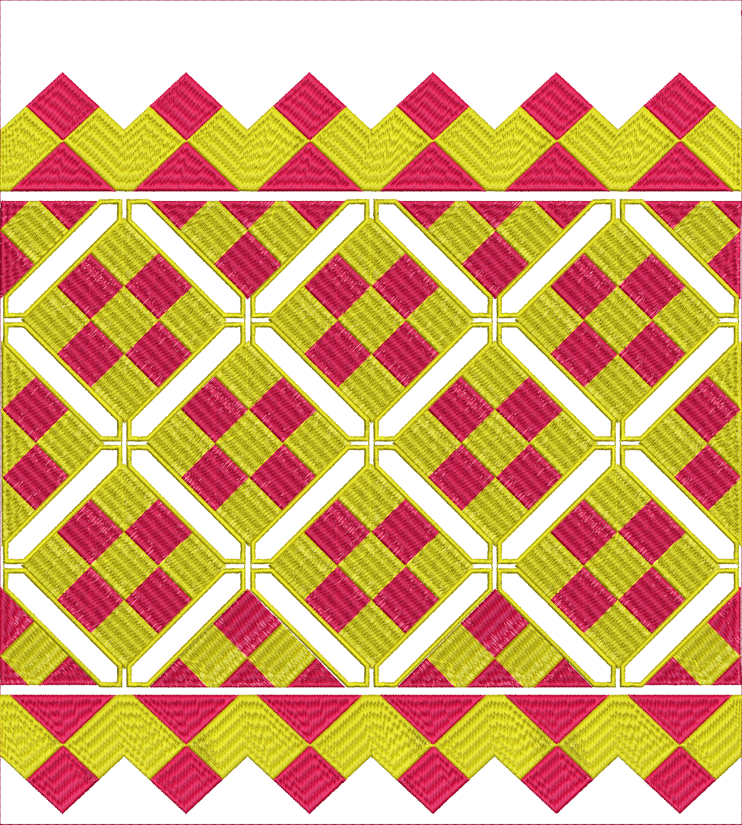 Embroidery design: A decorative border embroidery design featuring a repeating diamond pattern in yellow and pink with gold outlines.