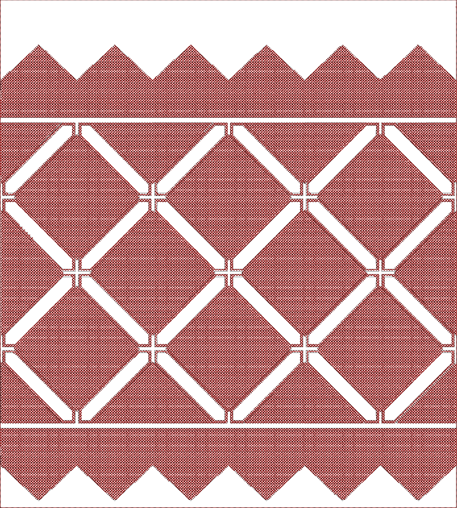 Embroidery design: A decorative embroidery pattern featuring interlocking red diamonds with a dense fill, bordered by scalloped edges, suit