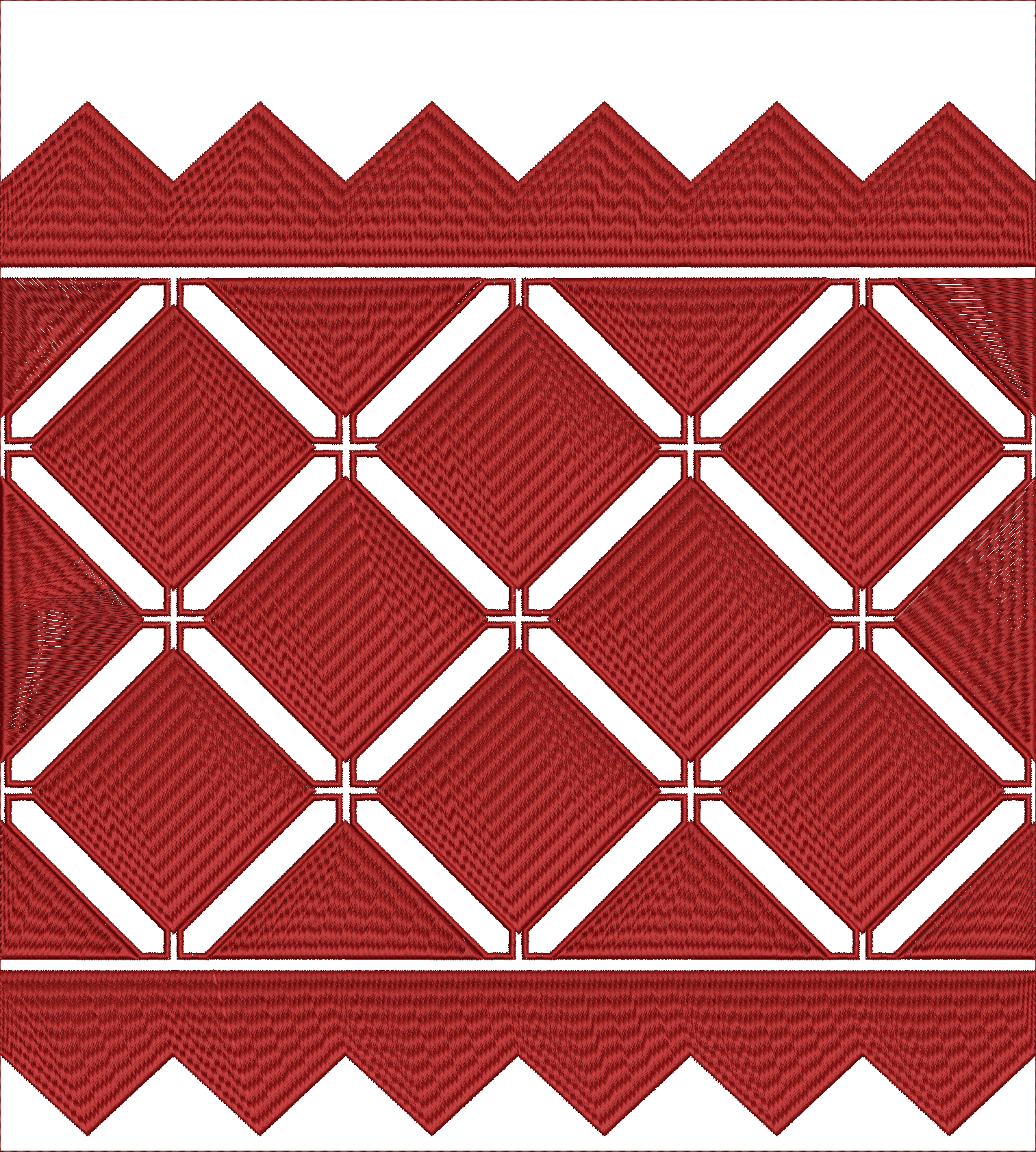 Embroidery design: A red embroidery design featuring a repeating geometric lattice pattern with diamond shapes, suitable as a border or tri