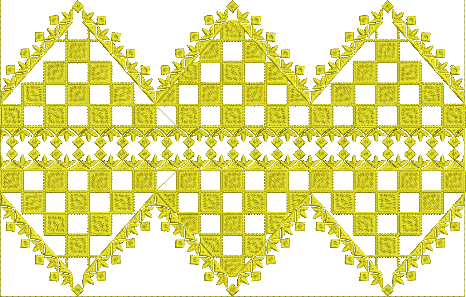 Embroidery design: A decorative embroidery design featuring a repeating geometric pattern of golden yellow squares in a checkerboard format