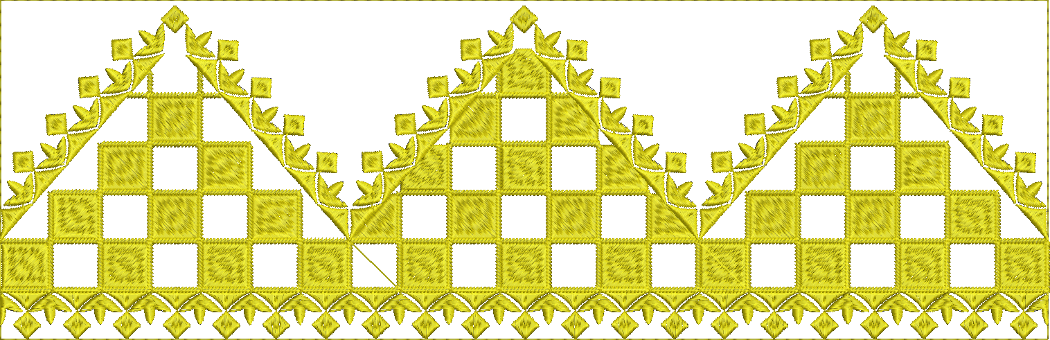 Embroidery design: A decorative yellow embroidery design featuring a repeating geometric pattern with diamond and lattice motifs, resemblin