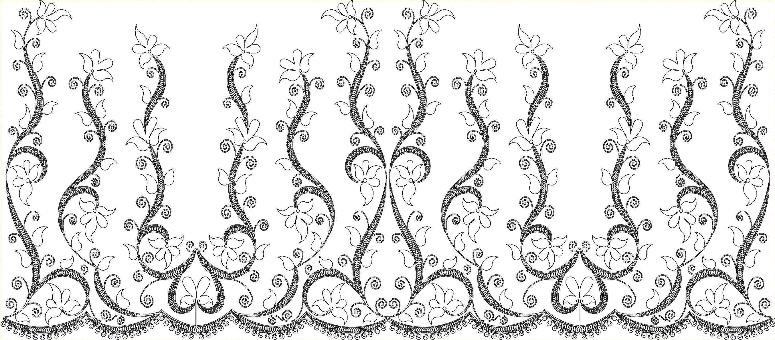 Embroidery design: A symmetrical black and white embroidery border design featuring scrolling vines with flowers and leaves, resembling lac