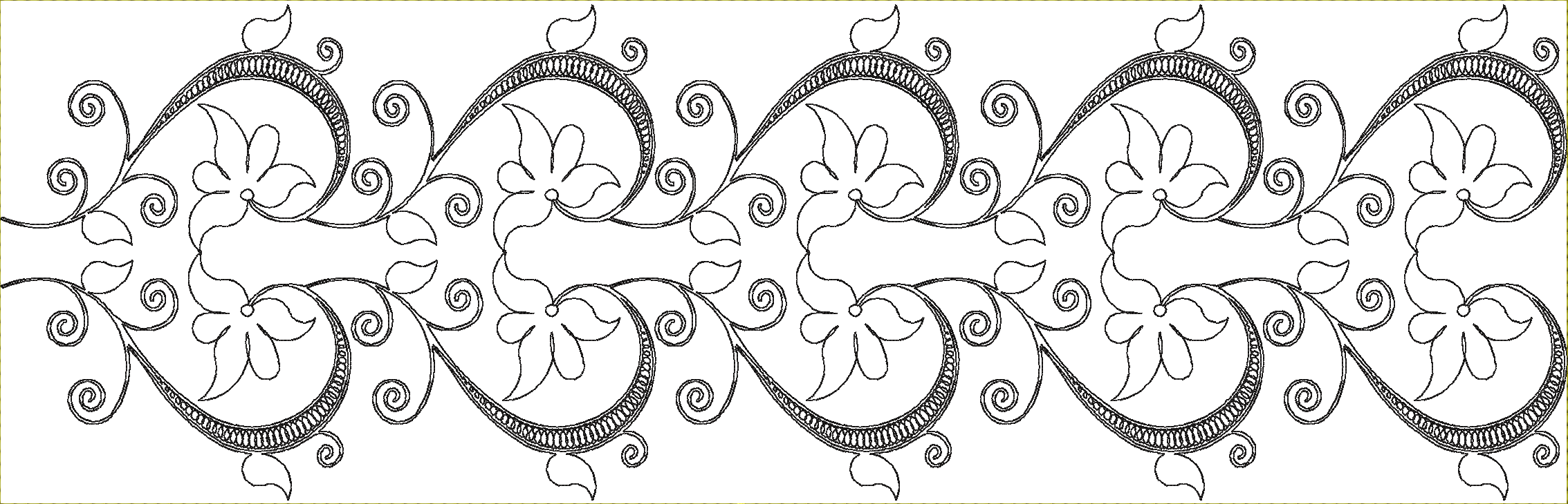 Embroidery design: A black and white embroidery design featuring a repeating, symmetrical floral and vine pattern that creates a decorative