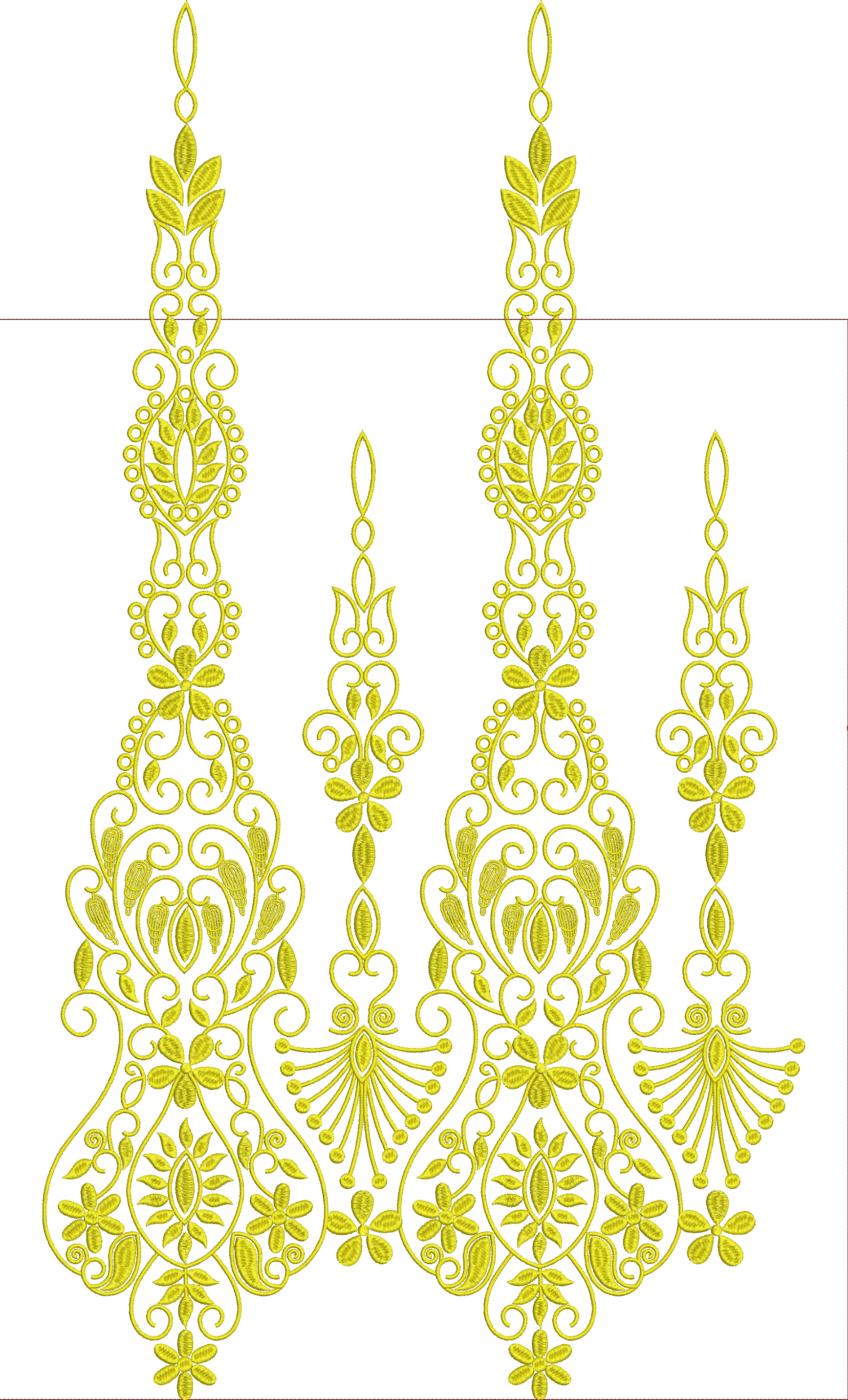 Embroidery design: A yellow ornamental embroidery design with symmetrical floral and leaf motifs, suitable for a border or panel.