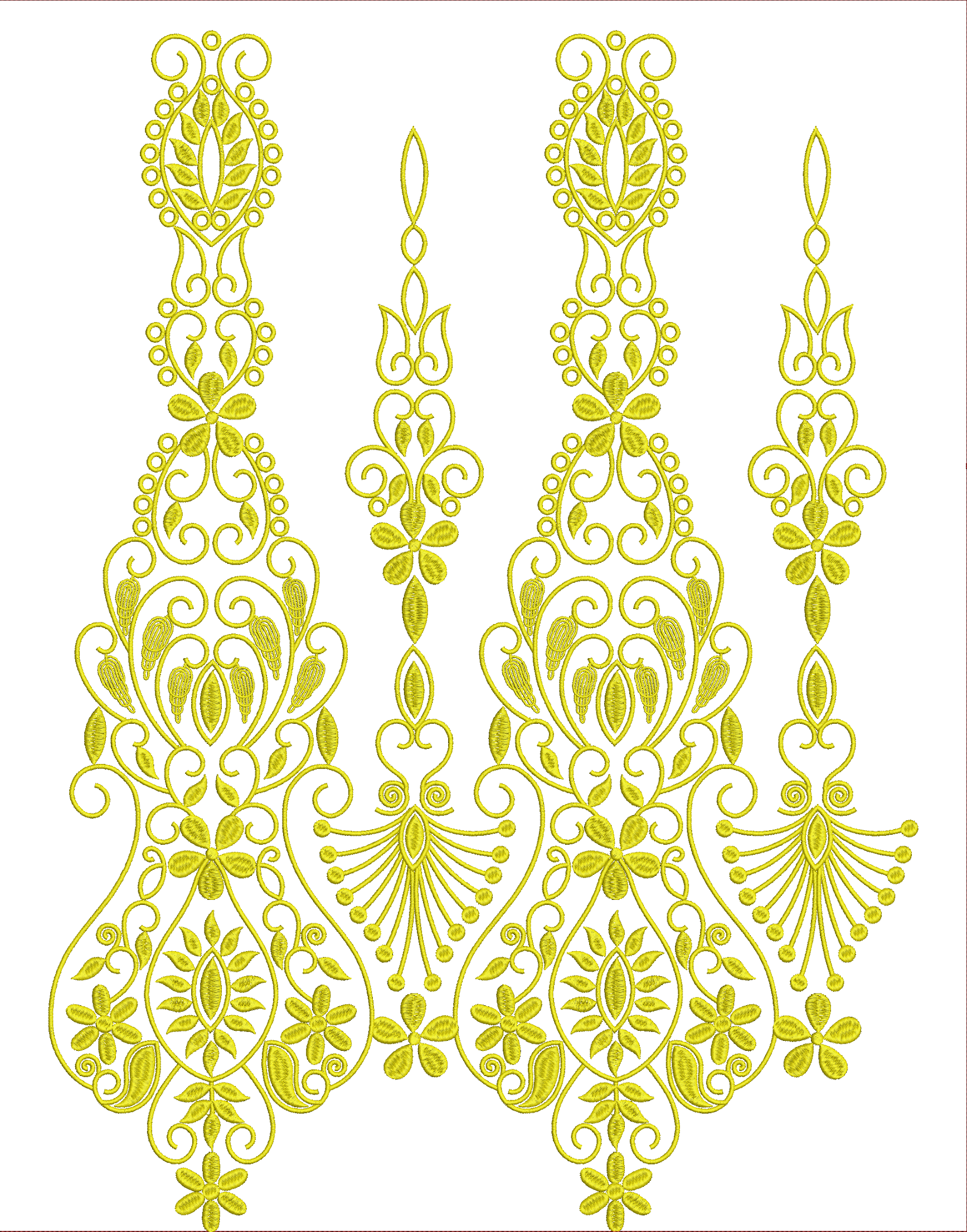 Embroidery design: A symmetrical ornamental embroidery design featuring yellow floral and botanical elements with a decorative and traditio