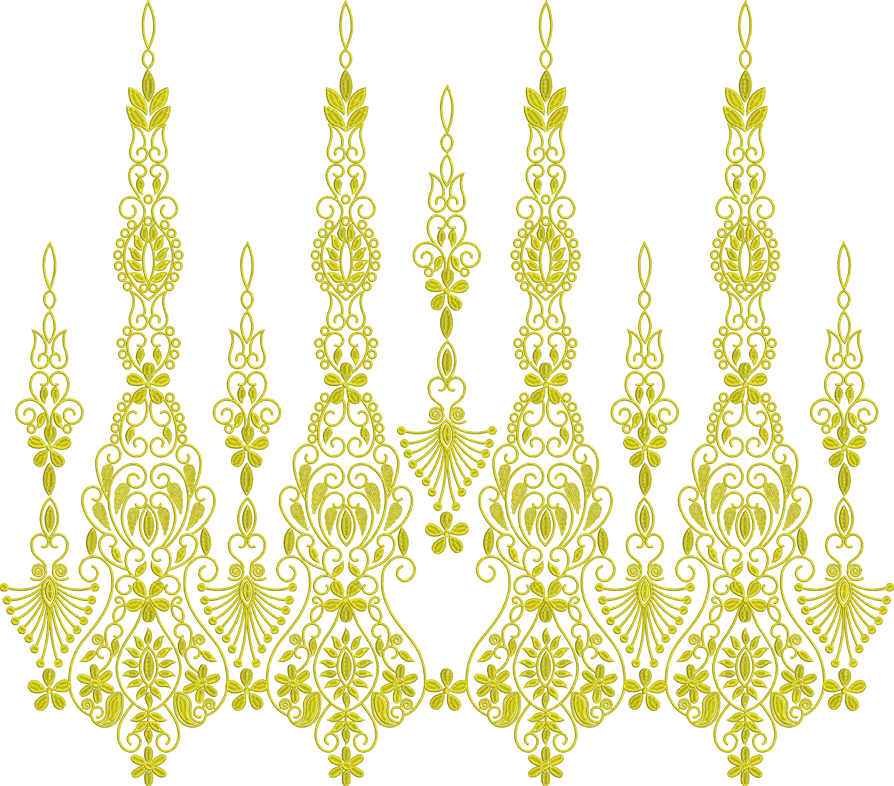 Embroidery design: A symmetrical, repeating border embroidery design in yellow, featuring intricate floral and botanical motifs in an ornam