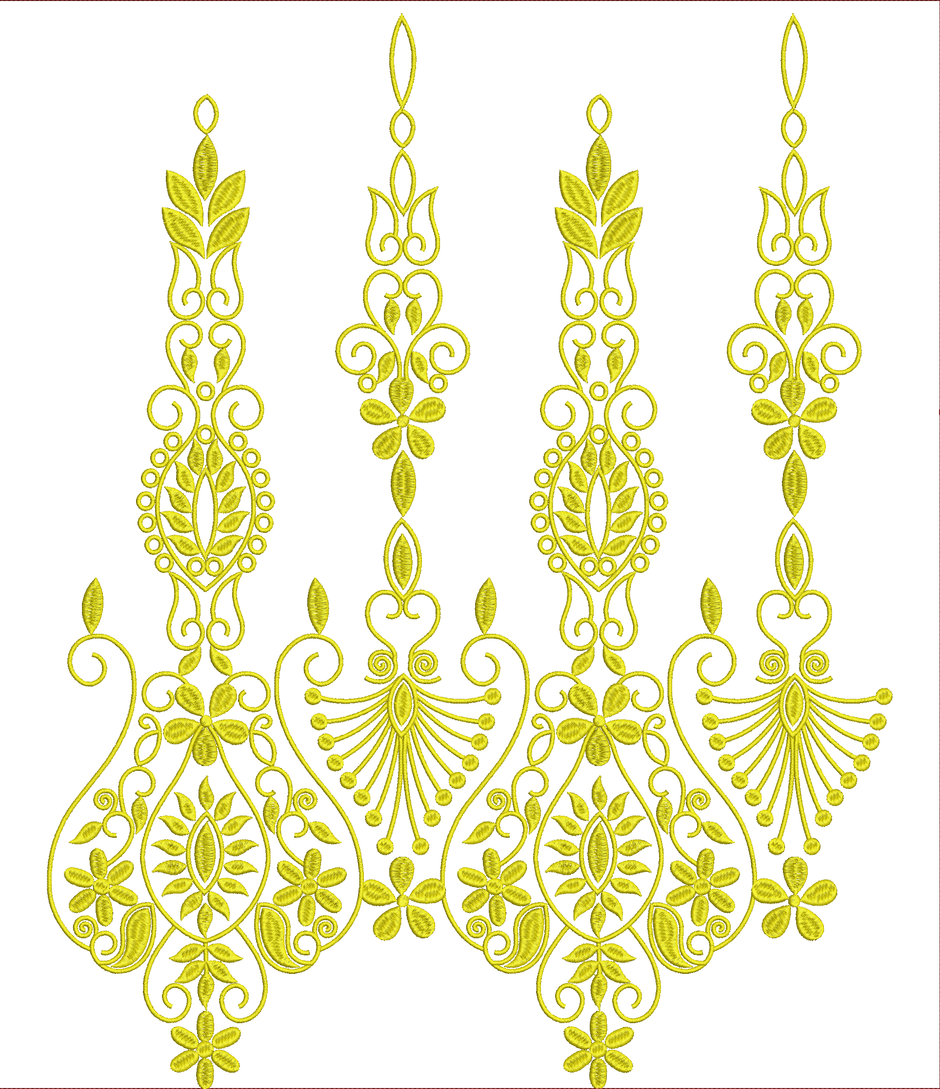 Embroidery design: An ornamental embroidery design with symmetrical vertical borders featuring stylized yellow flowers and leaves.