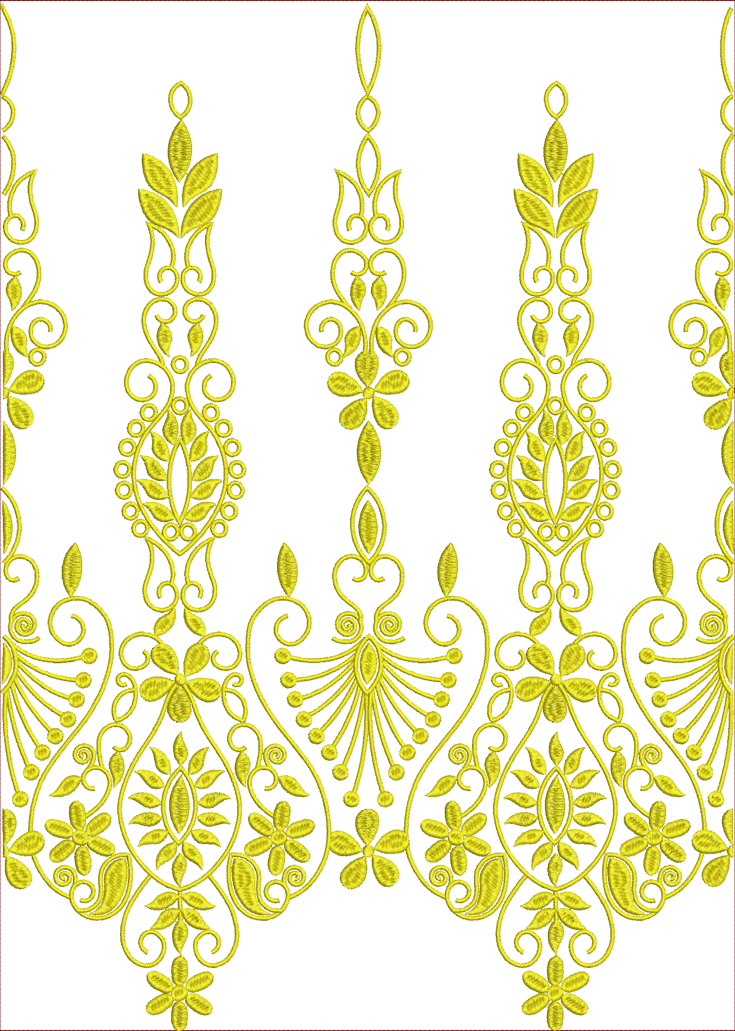 Embroidery design: A golden decorative embroidery border with symmetrical floral and leaf motifs in an ornamental and traditional style.