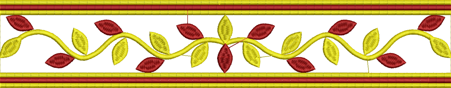 Embroidery design: A symmetrical, repeating botanical border design featuring red and yellow leaves on a wavy yellow vine, framed by horizo