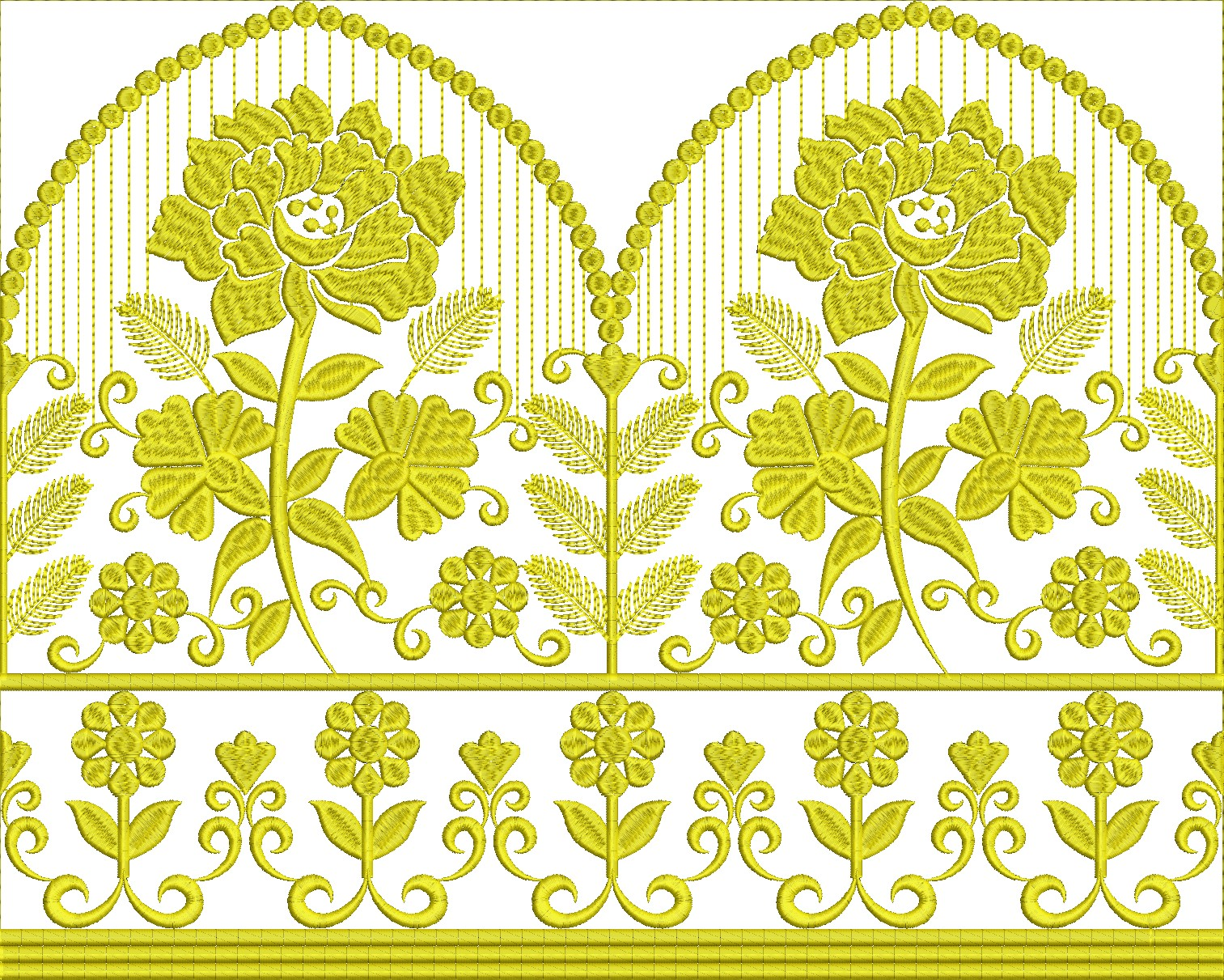 Embroidery design: A yellow embroidery design featuring a repeating floral and vine border with botanical and ornamental elements, arranged