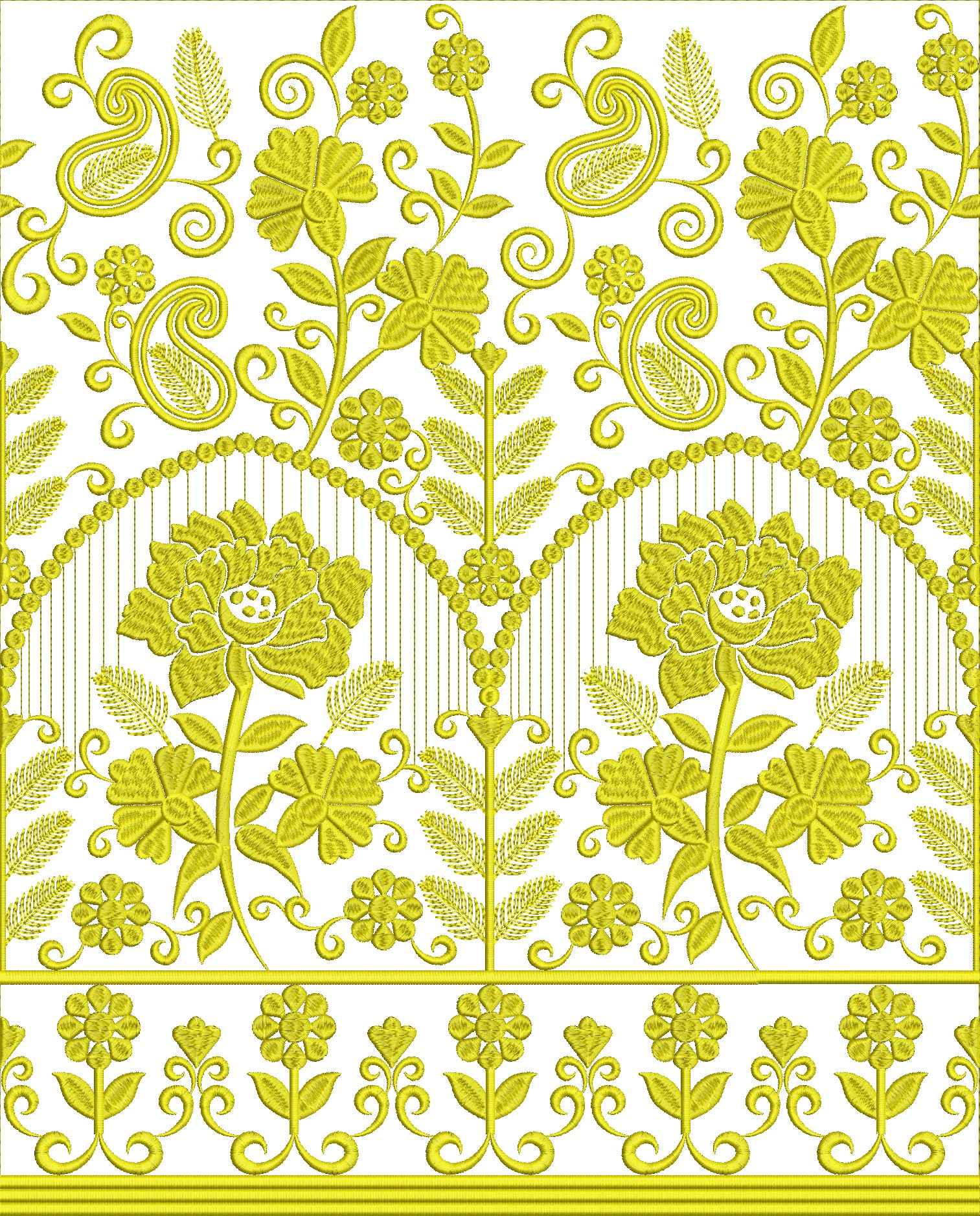 Embroidery design: A repeating yellow embroidery design featuring floral and paisley motifs, suitable for a traditional or ornamental borde
