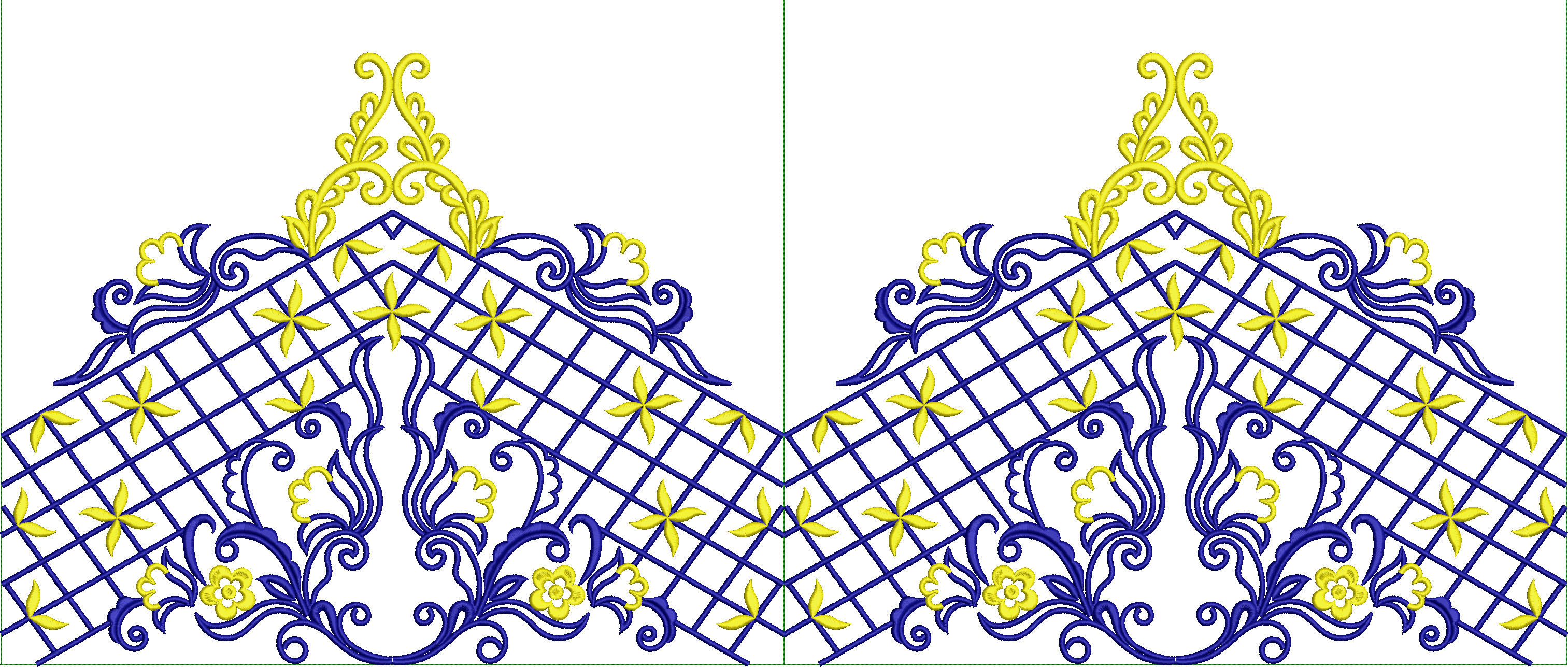 Embroidery design: A symmetrical embroidery design featuring a blue geometric lattice with yellow floral and scrollwork accents, suitable f