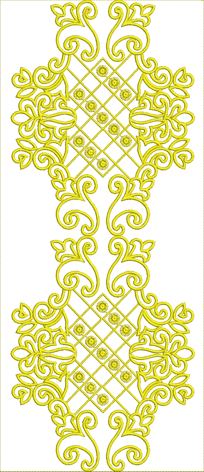 Embroidery design: A decorative, ornamental embroidery design in yellow, featuring symmetrical scrollwork with geometric and floral element