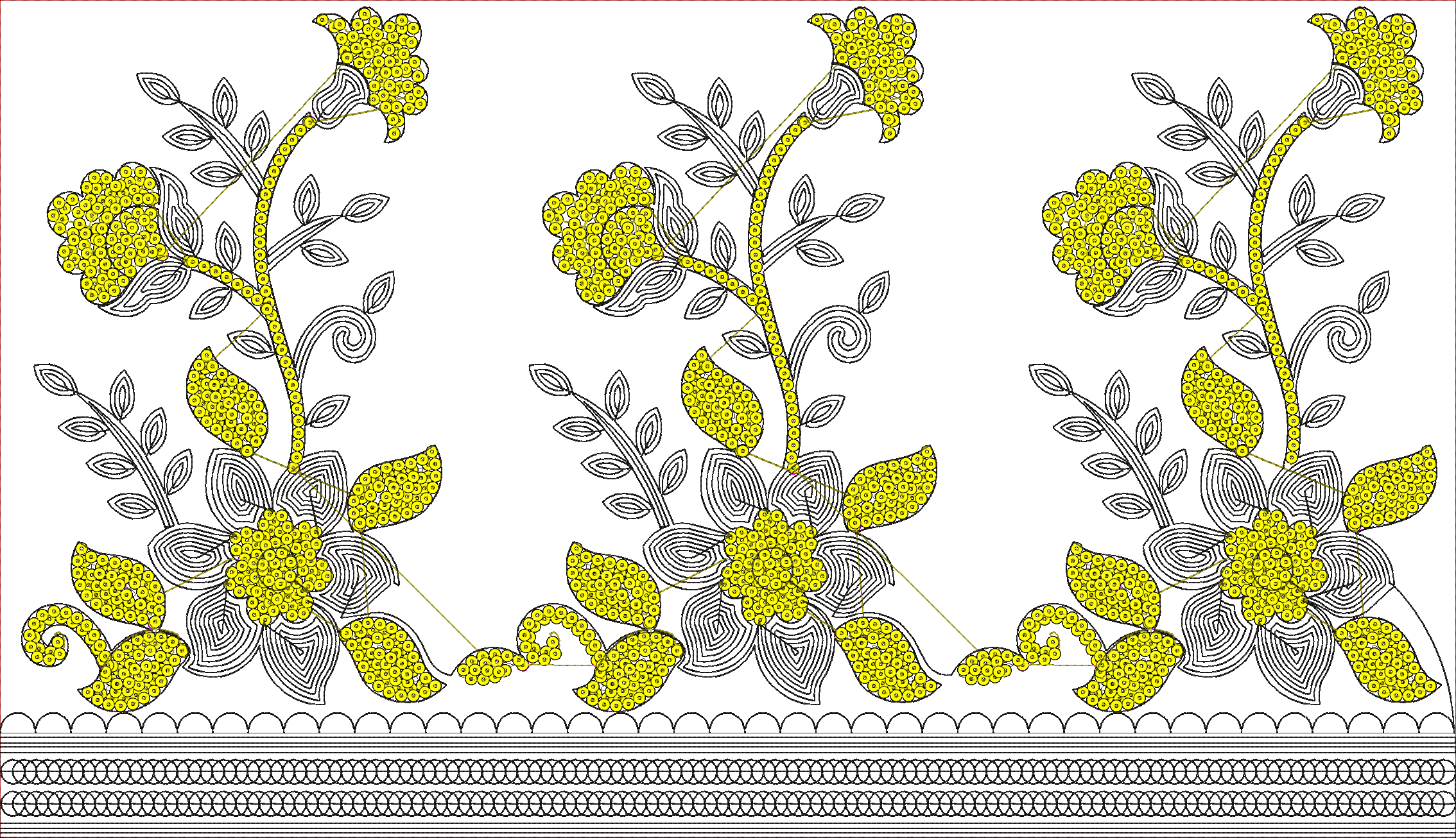 Embroidery design: A repeating border embroidery design featuring stylized yellow flowers and black leaves with scrollwork and a scalloped 